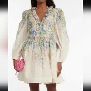 NWOT,Zimmermann White Smocked Mini Dress with Bishop Sleeves